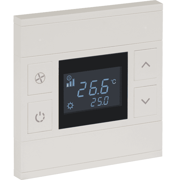 int-ot2-0201f0 Oria KNX Thermostat, 2-Gang, Pearl White, Black Glass, Front Status LED - Image 1