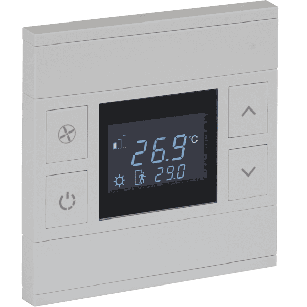 int-ot2-0301f0 Oria KNX Thermostat, 2-Gang, Mustang Gray, Black Glass, Front Status LED - Image 1