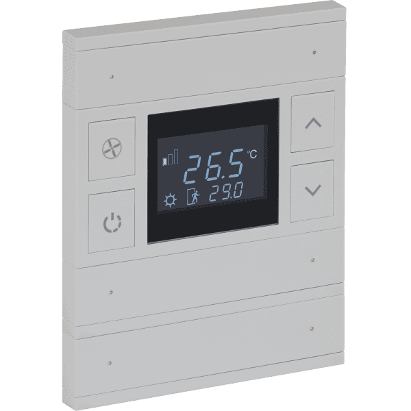 int-ot3-0301f0 Oria KNX Thermostat, 3-Gang, Mustang Gray, Black Glass, Front Status LED - Image 1