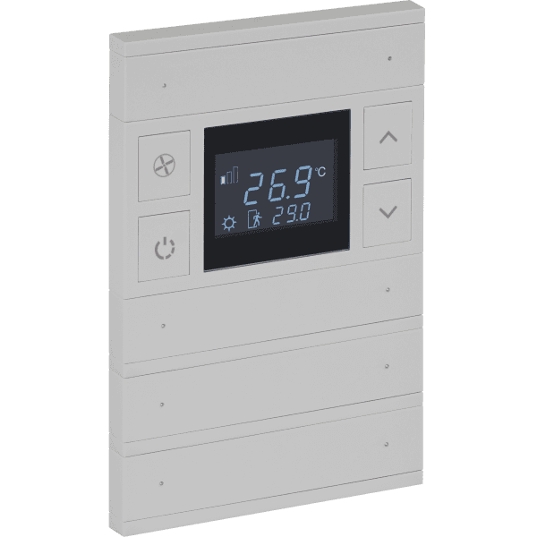 int-ot4-0301f0 Oria KNX Thermostat, 4-Gang, Mustang Gray, Black Glass, Front Status LED - Image 1